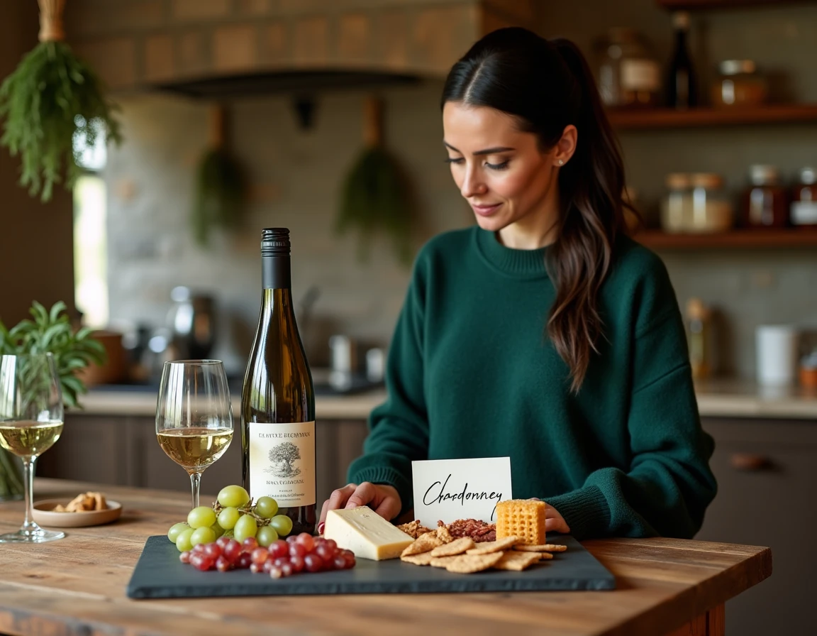 Femme consultant une fiche d'accord mets et vins devant un plateau de fromages et charcuterie avec une bouteille de Bourgogne blanc dans une cuisine rustique