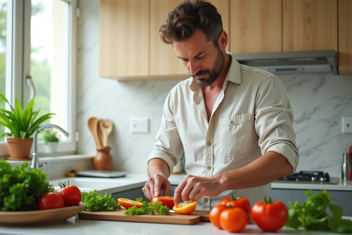 Homme préparant un repas sain avec des légumes frais dans une cuisine moderne pour prendre soin de sa santé au quotidien