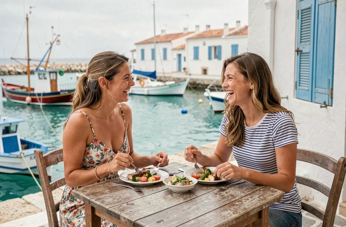 Deux amies riant autour d'un repas dans un café en bord de mer avec vue sur un port pittoresque