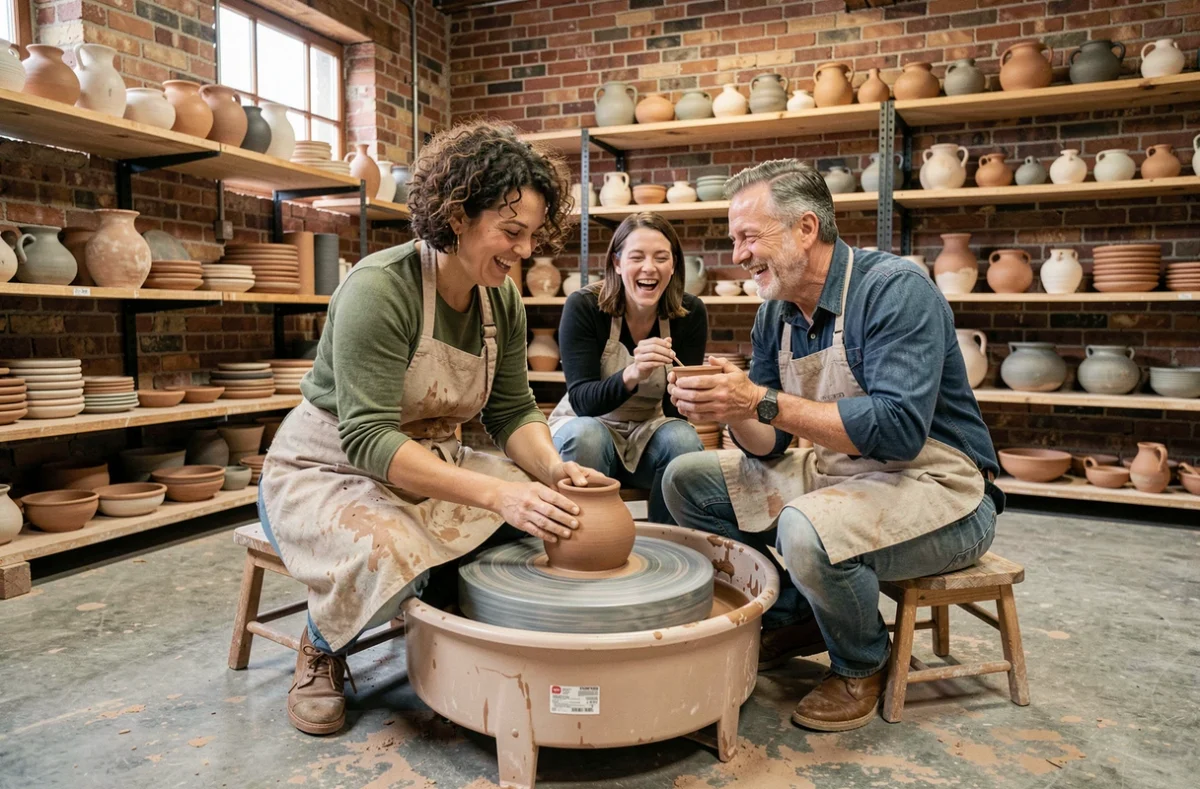 Groupe d'adultes participant à un atelier de poterie dans un studio rustique, activité créative et conviviale