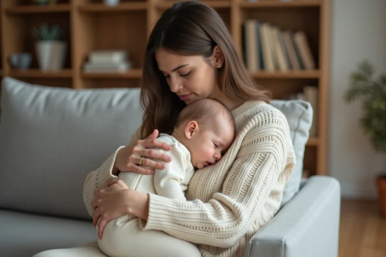 Mère tenant son bébé qui jette la tête en arrière, assise sur un canapé gris dans un salon chaleureux