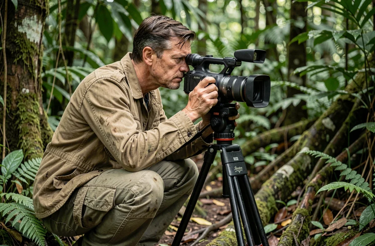 Caméraman documentariste avec sa caméra professionnelle en pleine forêt tropicale lors d'un tournage de reportage