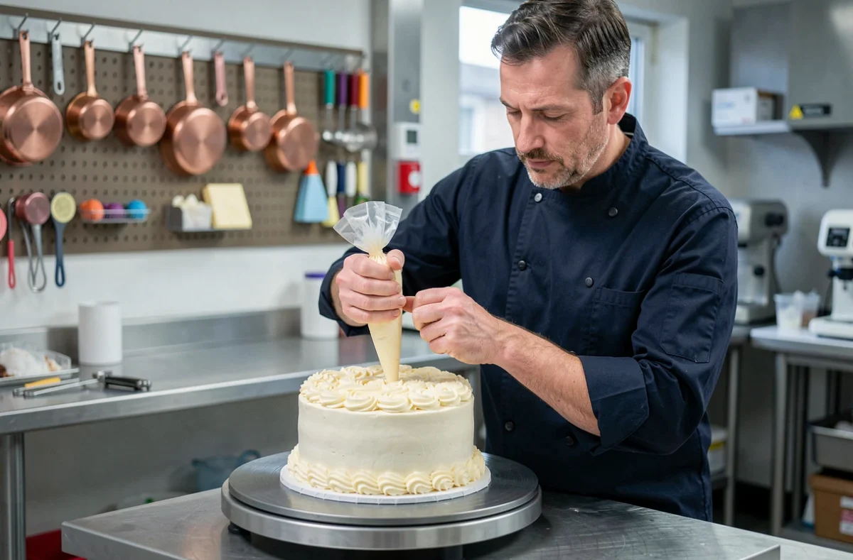 Chef pâtissier décorant un gâteau avec une poche à douille dans un atelier professionnel équipé d'outils de cake design