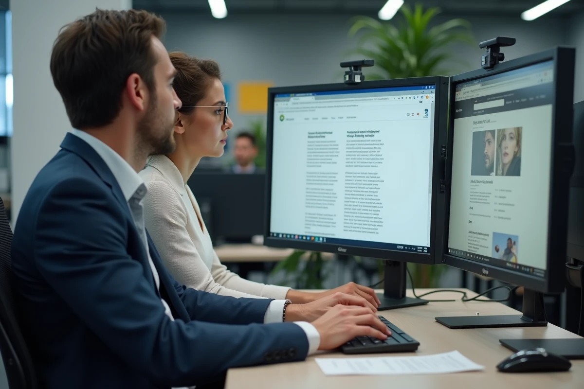 Deux collègues en bureau analysant la légalité d'une plateforme de streaming sur un ordinateur professionnel