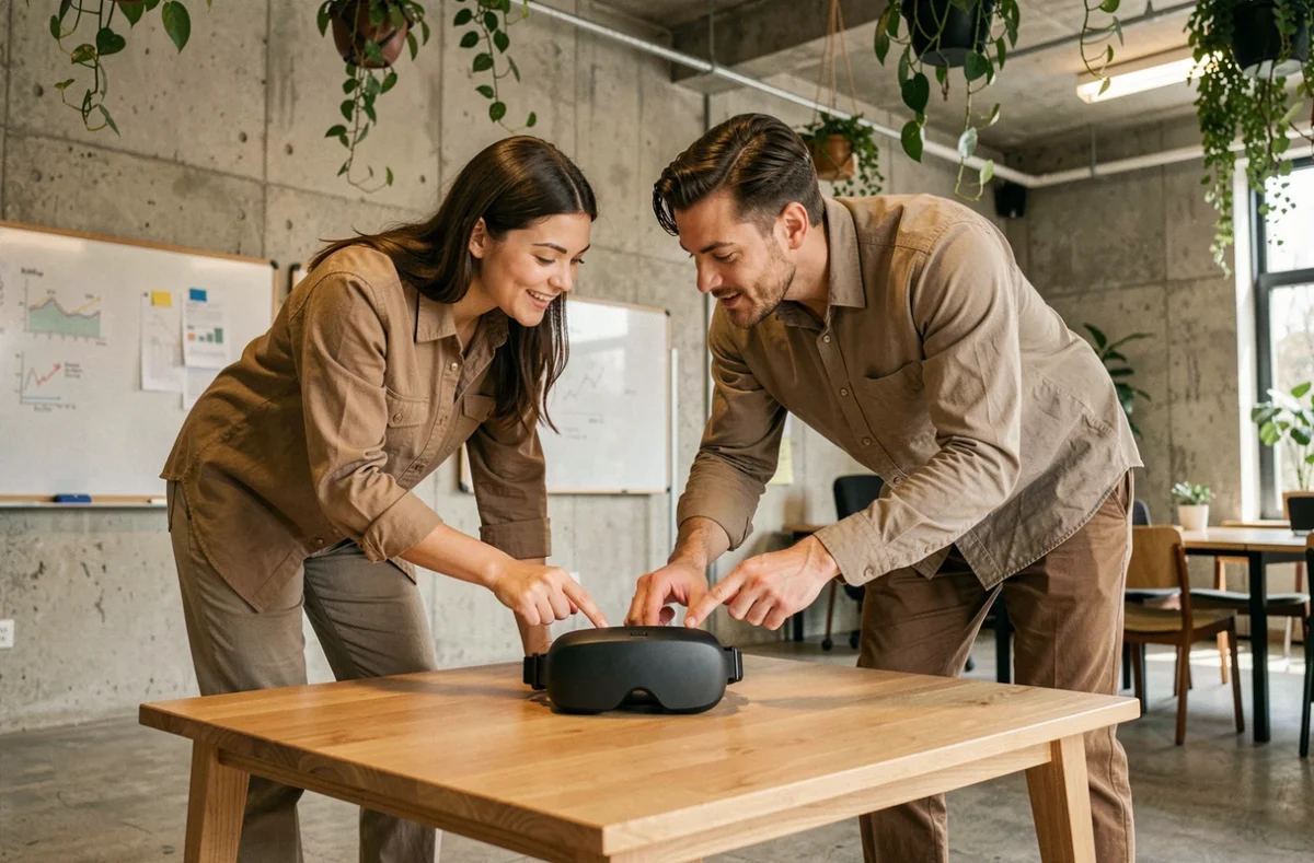 Deux collègues explorant un casque de réalité augmentée dans un espace de coworking moderne entouré de plantes et de béton