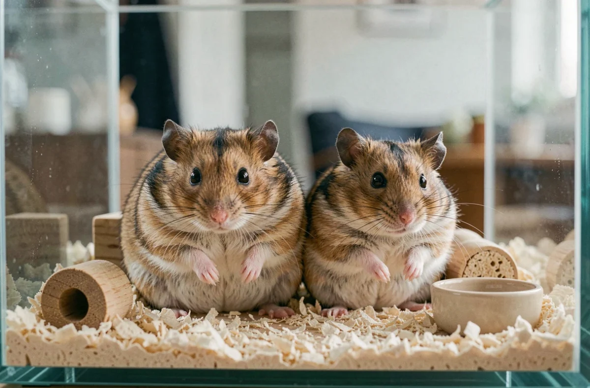 Deux hamsters nains côte à côte dans un terrarium pour comparer les différences morphologiques entre mâle et femelle