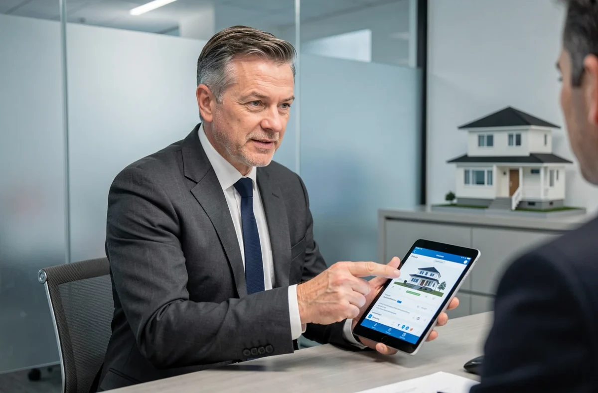 Conseiller bancaire présentant une simulation de prêt immobilier sur tablette dans un bureau moderne