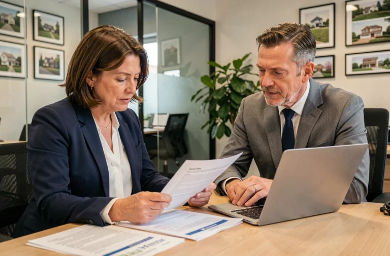 Une femme consulte un conseiller immobilier dans une agence professionnelle pour évaluer la fiabilité d'une société de logement