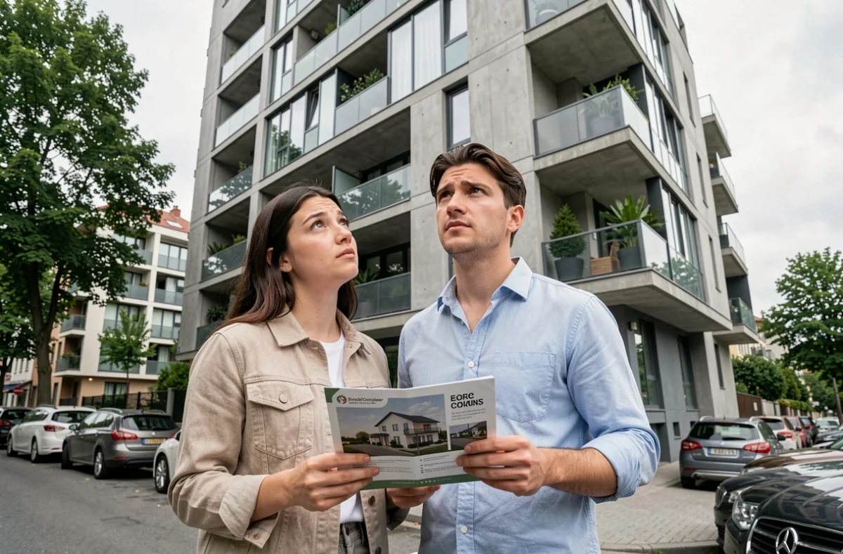 Un couple examine un immeuble résidentiel proposé par une société de logement avant de prendre leur décision