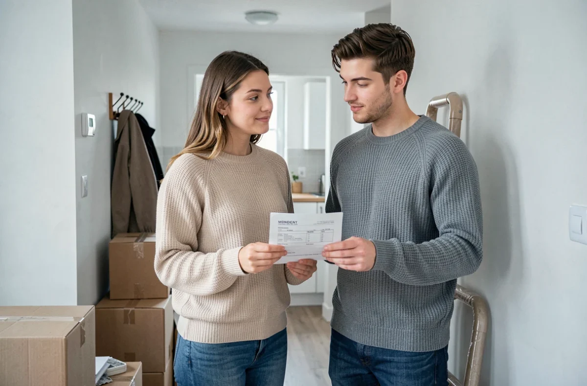 Couple de jeunes locataires discutant d'un bail de trois mois renouvelable dans leur nouvel appartement