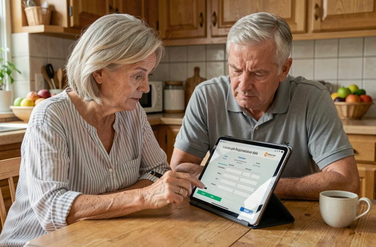 Couple de seniors réalisant ensemble les démarches en ligne pour lever une OTCI sur une tablette numérique dans leur cuisine
