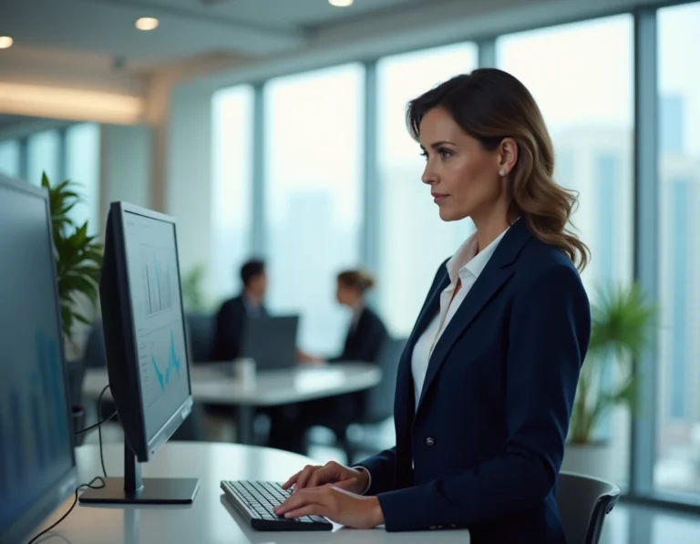 Dirigeante d'entreprise analysant des tableaux de bord numériques dans un bureau moderne lors de la transition numérique en 2024