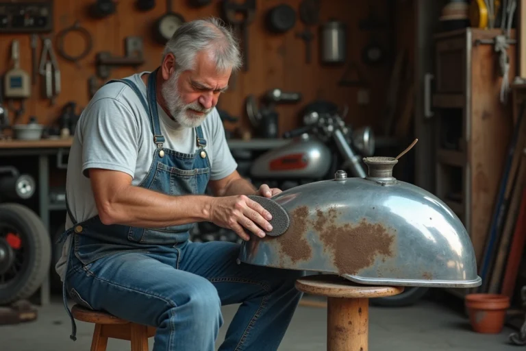 Homme qui frotte la rouille sur un garde-boue chromé de moto vintage dans un atelier de garage avec de la laine d'acier