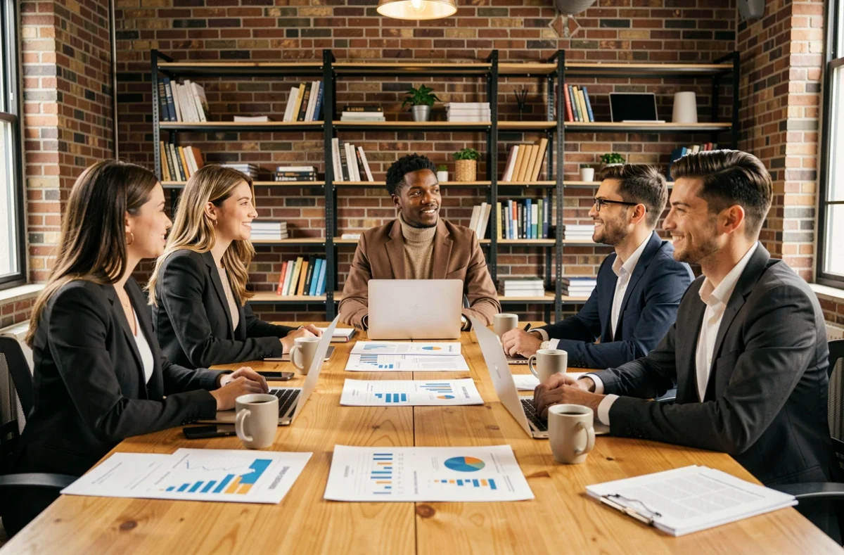 Équipe de jeunes professionnels de la finance collaborant autour d'une table de réunion dans un espace de coworking moderne