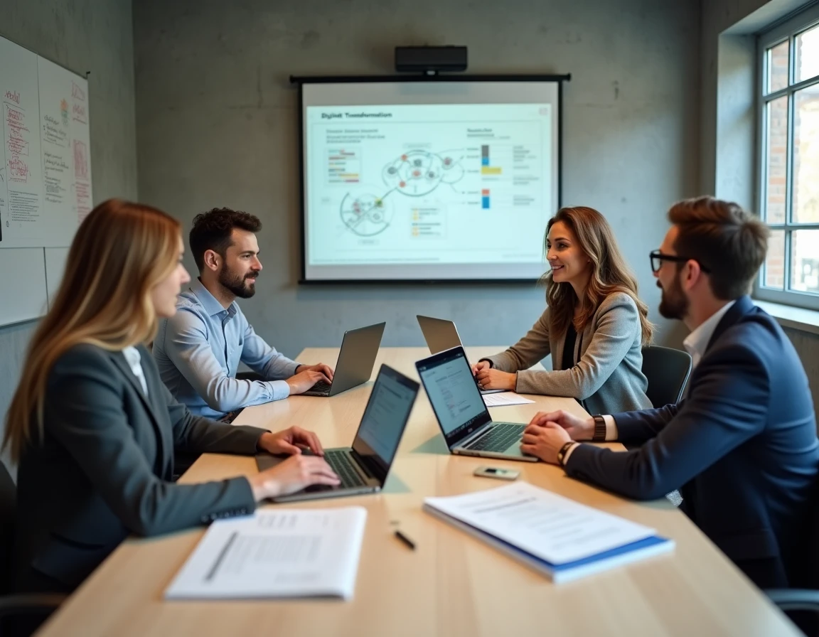 Équipe professionnelle en réunion stratégique autour des défis de la transformation numérique en entreprise