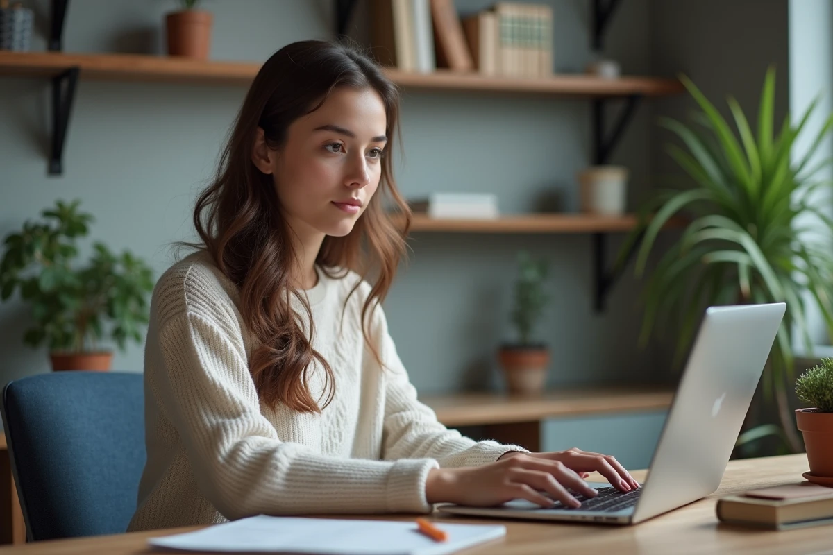 Jeune femme étudiante utilisant son ordinateur dans un appartement moderne