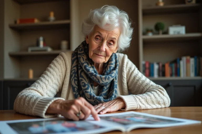 Femme âgée regardant des photos de famille sur une table