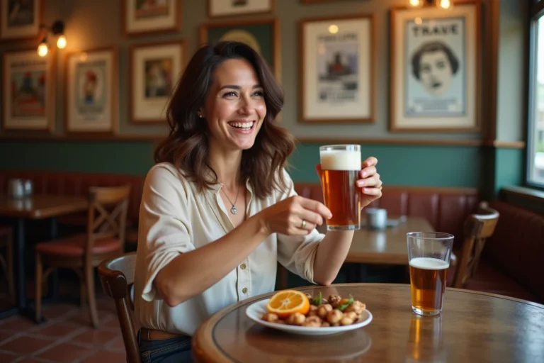 Femme souriante dans un bistro français avec bière à l'orange