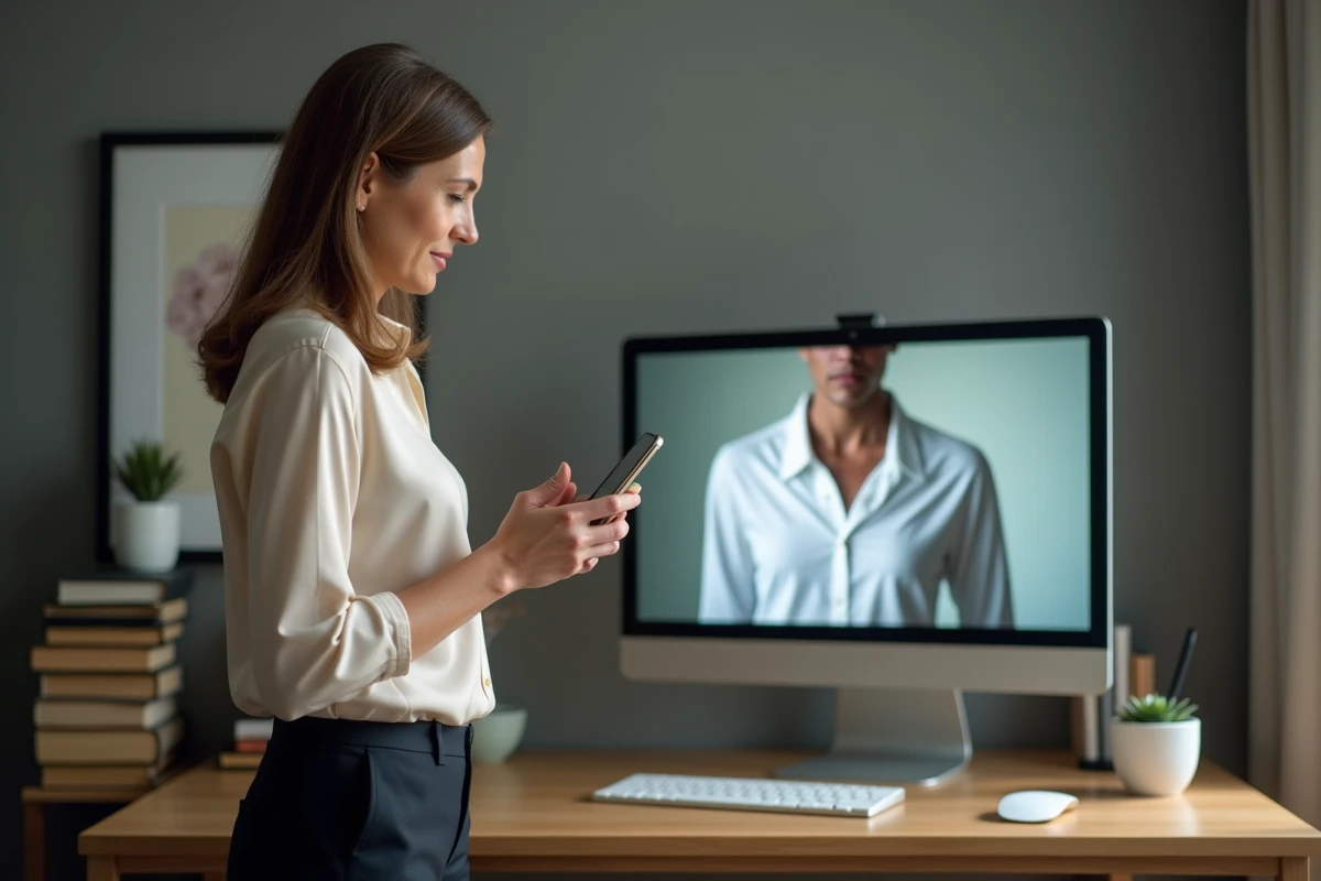 Femme dans un bureau à domicile utilisant une application pour shazamer un vêtement aperçu sur un écran d'ordinateur