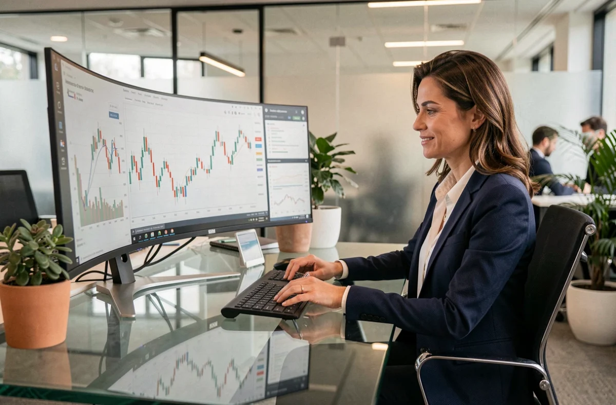 Femme cadre en blazer marine analysant des graphiques financiers sur un grand écran incurvé dans un bureau moderne