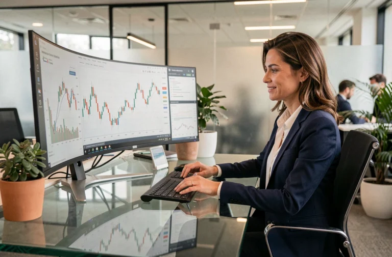Femme cadre en blazer marine analysant des graphiques financiers sur un grand écran incurvé dans un bureau moderne