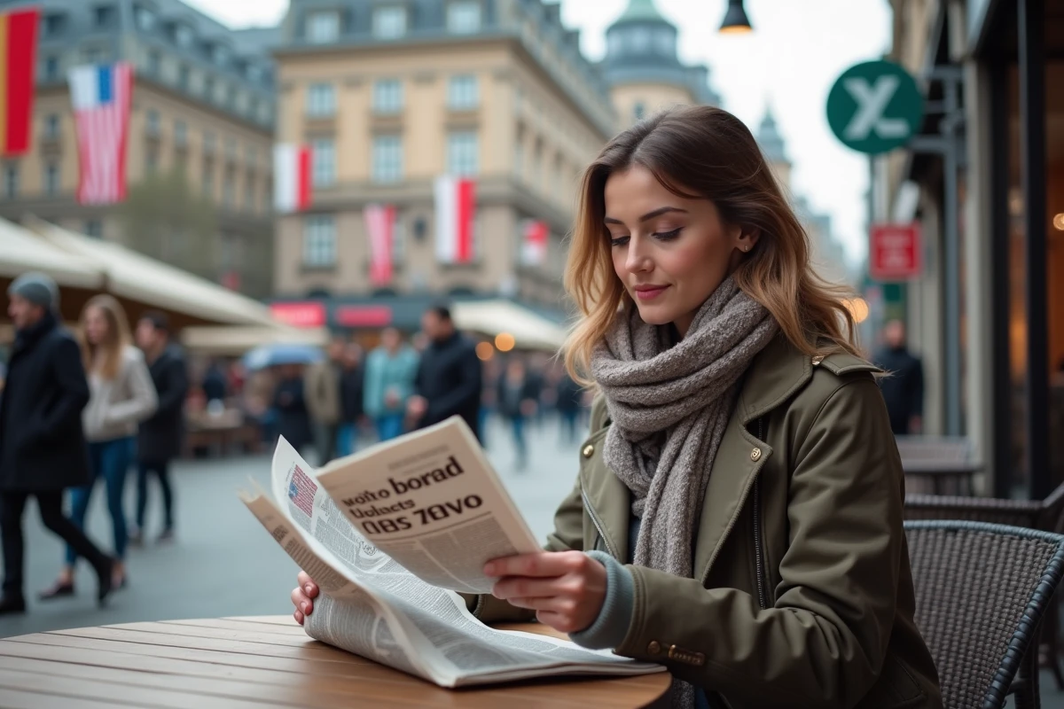 Jeune femme lisant un journal dans un café urbain animé
