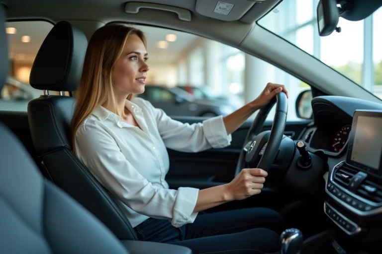 Jeune femme dans une concession automobile examine l'intérieur d'une voiture