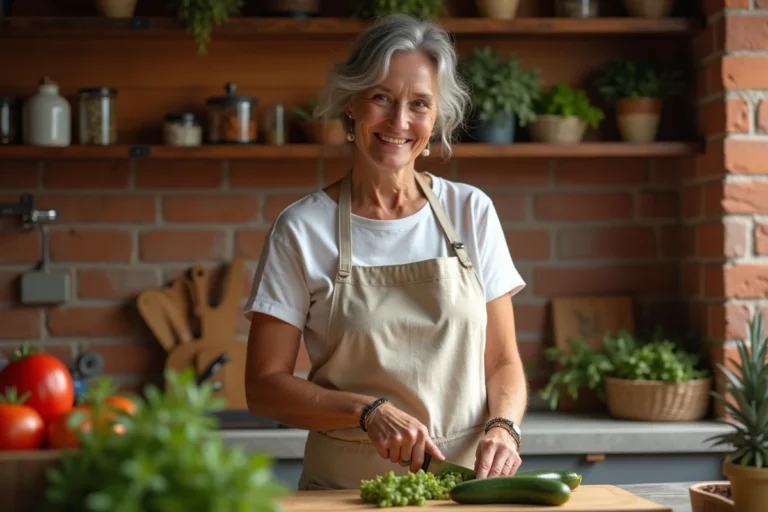 Femme préparant des légumes frais dans une cuisine familiale conviviale, recettes faciles du quotidien