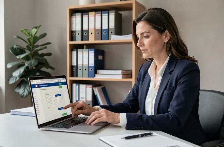 Femme professionnelle effectuant une démarche de levée d'OTCI en ligne sur un ordinateur portable dans un bureau à domicile