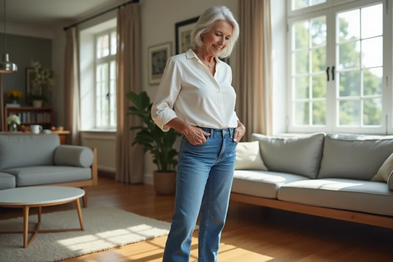 Femme élégante en jean bleu et blouse blanche dans un salon lumineux