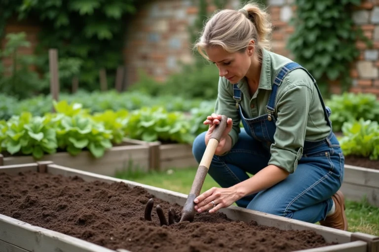Femme utilisant une grelinette pour aérer la terre d'un potager bio en plein air