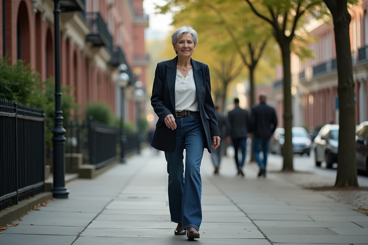 Femme de septante ans marche dans une rue urbaine avec jeans foncés