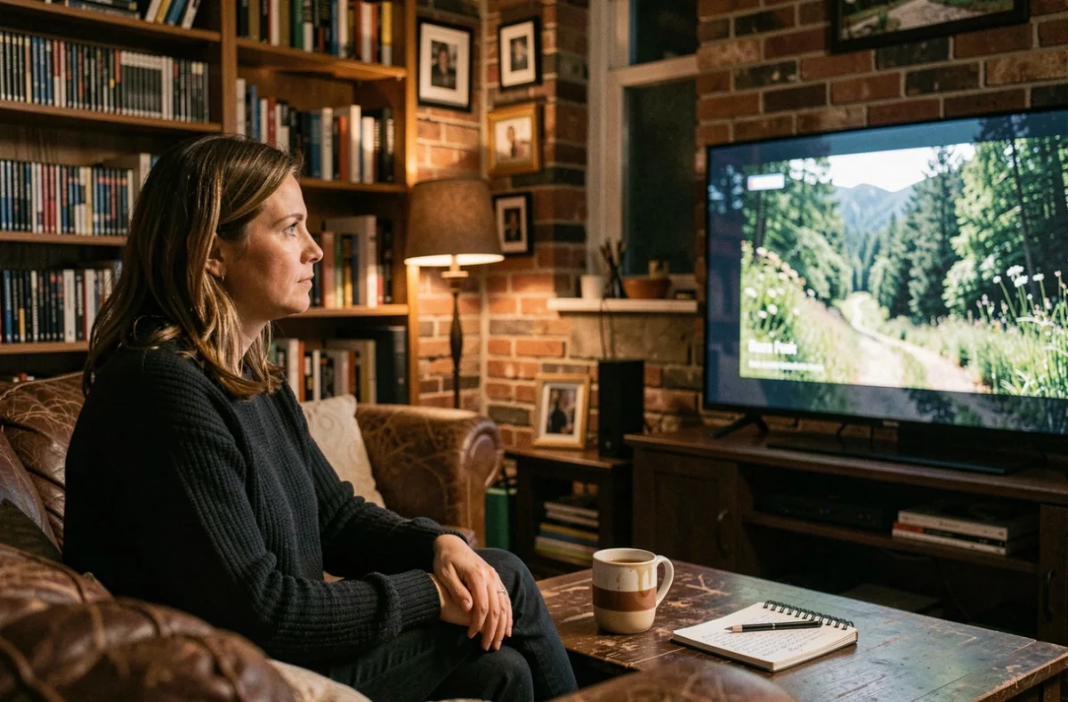 Femme regardant un documentaire sur sa télévision dans un salon cosy avec des étagères remplies de livres