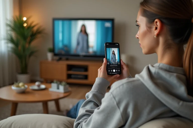 Femme utilisant une application sur smartphone pour identifier un vêtement vu à la télévision dans son salon