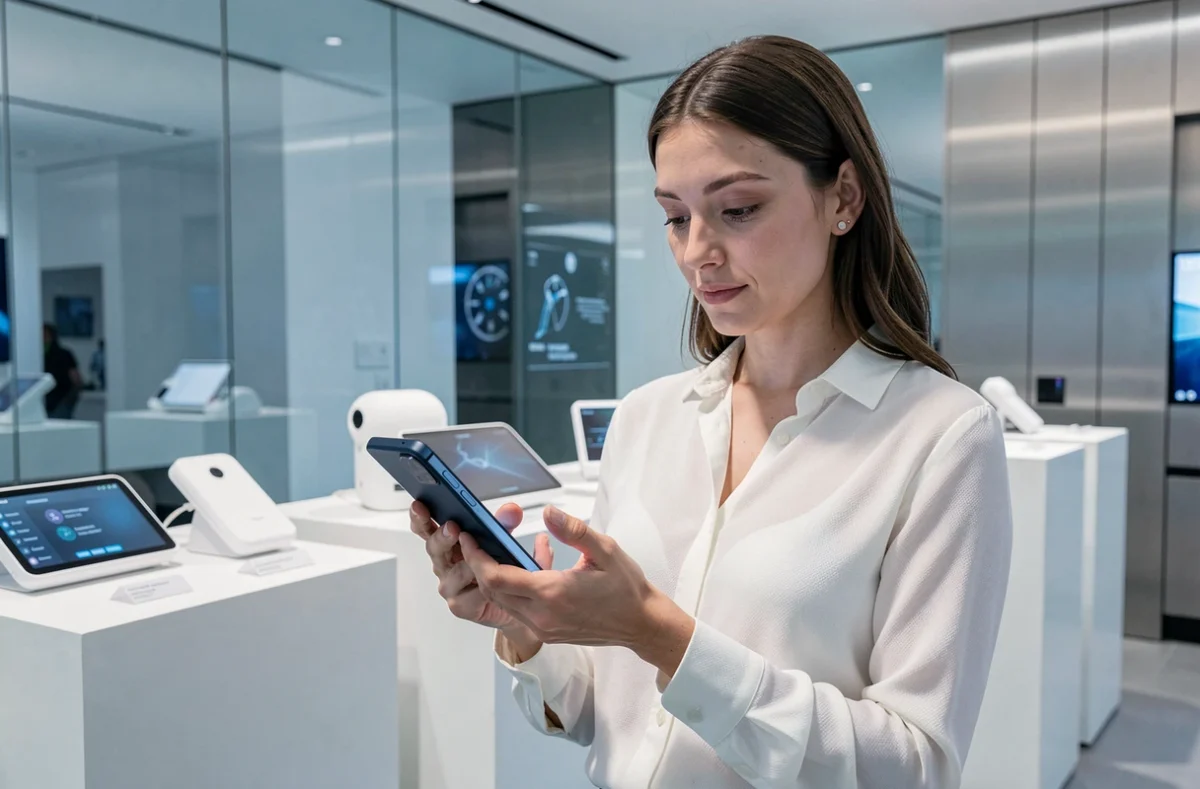 Femme découvrant les dernières innovations technologiques dans un showroom high-tech moderne avec écrans interactifs et prototypes