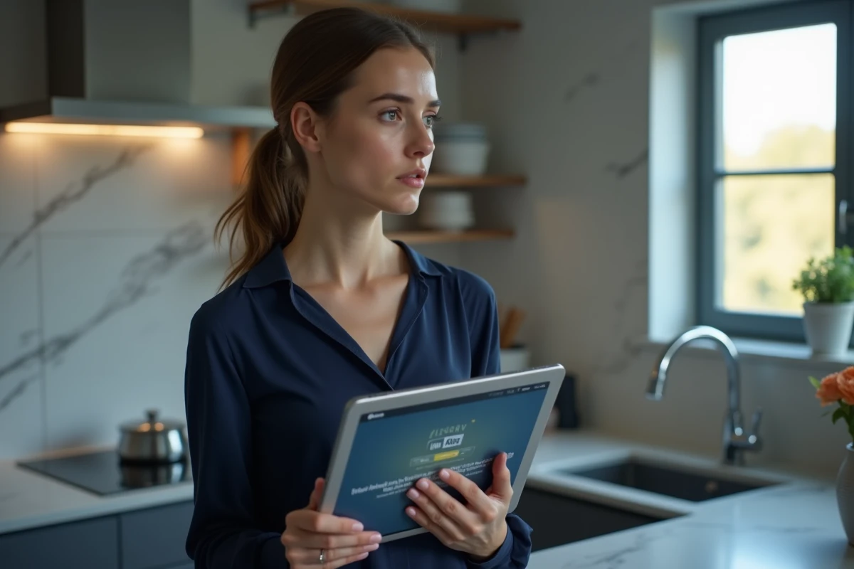 Femme tenant une tablette affichant un site de streaming douteux avec avertissement de sécurité, dans une cuisine moderne
