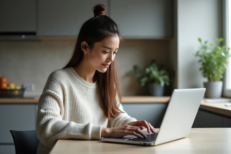 Femme assise à une table de cuisine moderne avec ordinateur