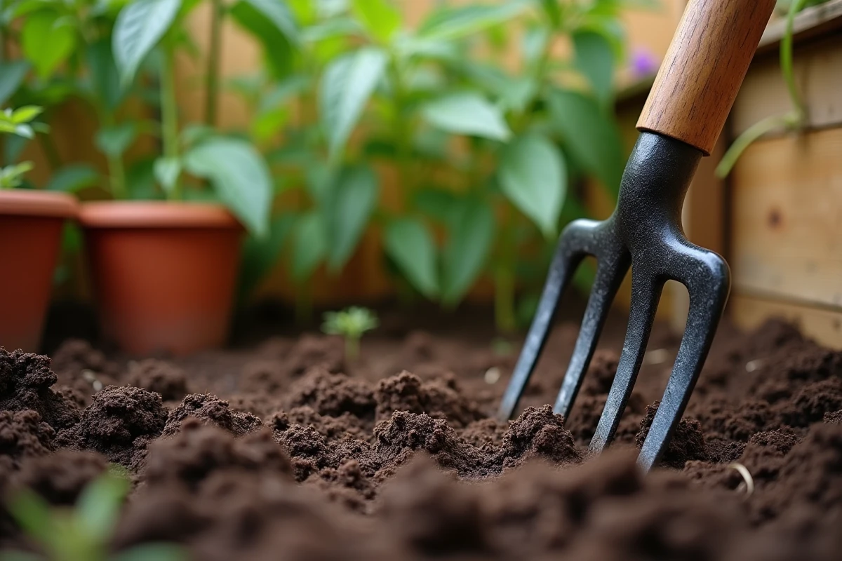 Gros plan sur les dents d'une grelinette plantées dans une terre de potager biologique enrichie
