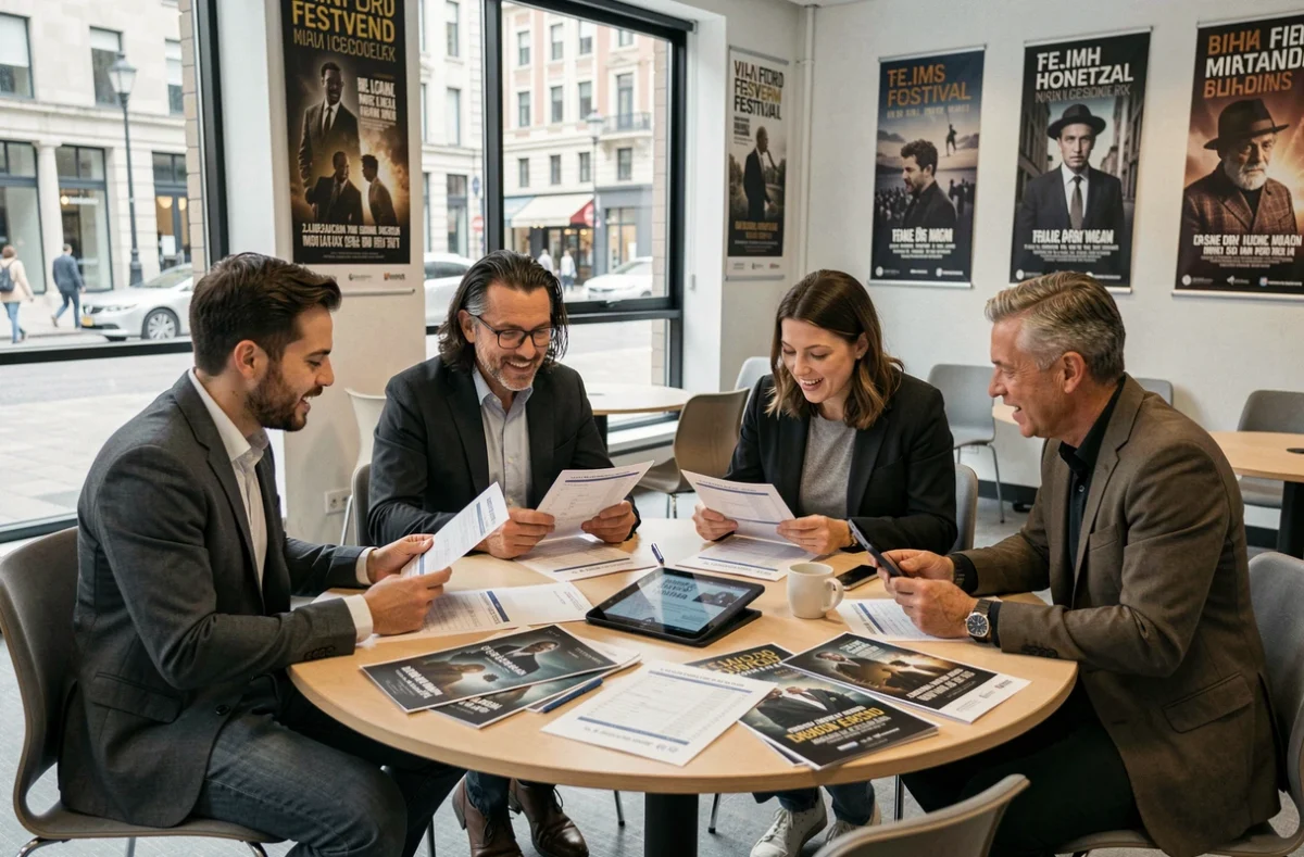 Groupe de personnes discutant de films documentaires autour d'une table lors d'un festival de cinéma