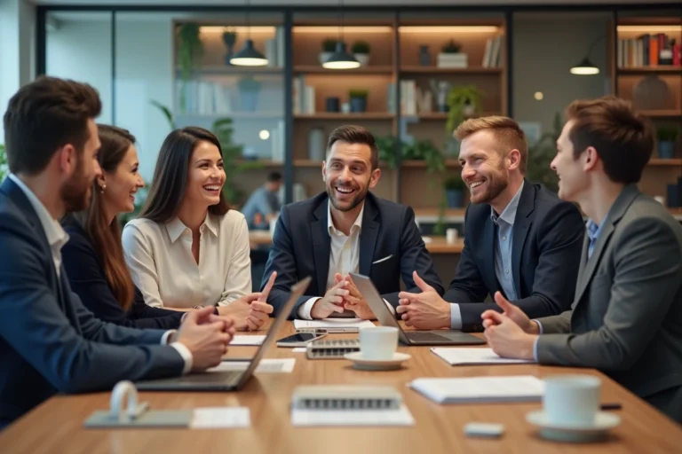 Groupe de professionnels en réunion dans un bureau lumineux