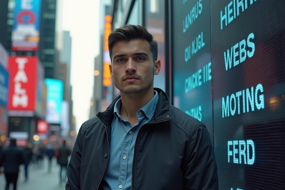 Homme debout devant un panneau d actualites urbain