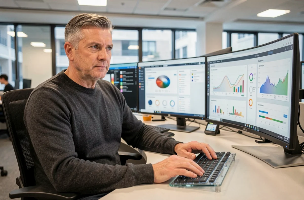 Homme au bureau high-tech multiecran explorant des tableaux de bord technologiques et innovations numériques