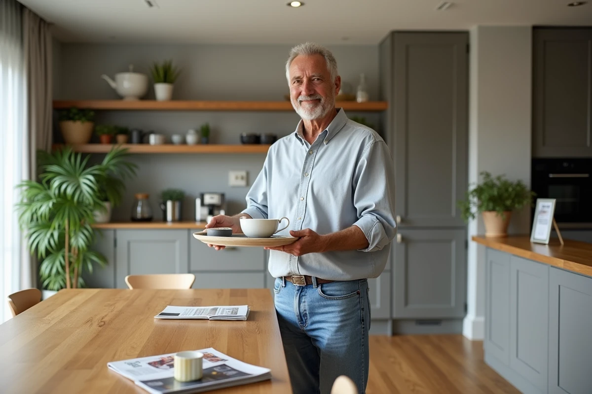 Homme déposé une théière sur une table à manger dans une cuisine
