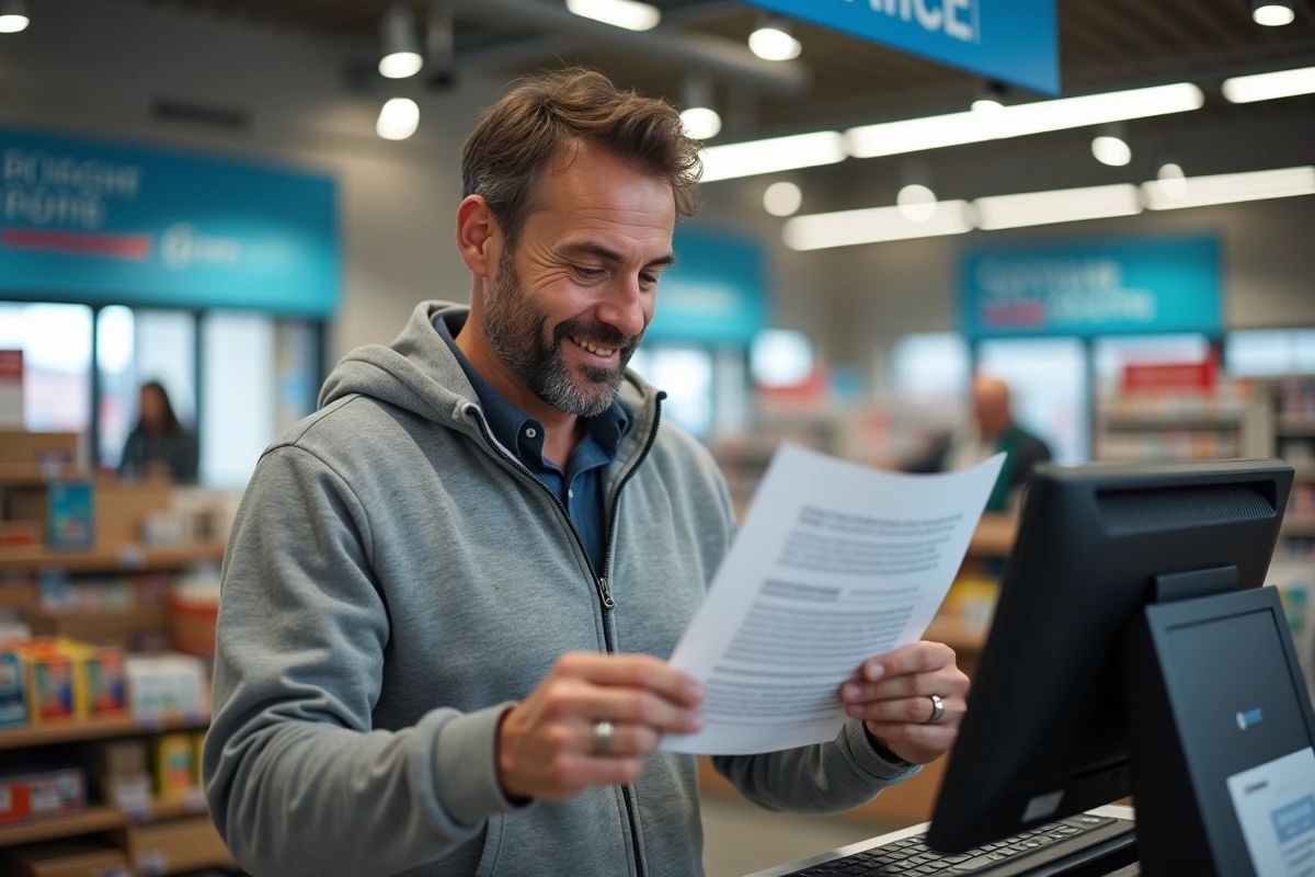 Homme examinant un document imprimé à la station d'impression du supermarché Carrefour