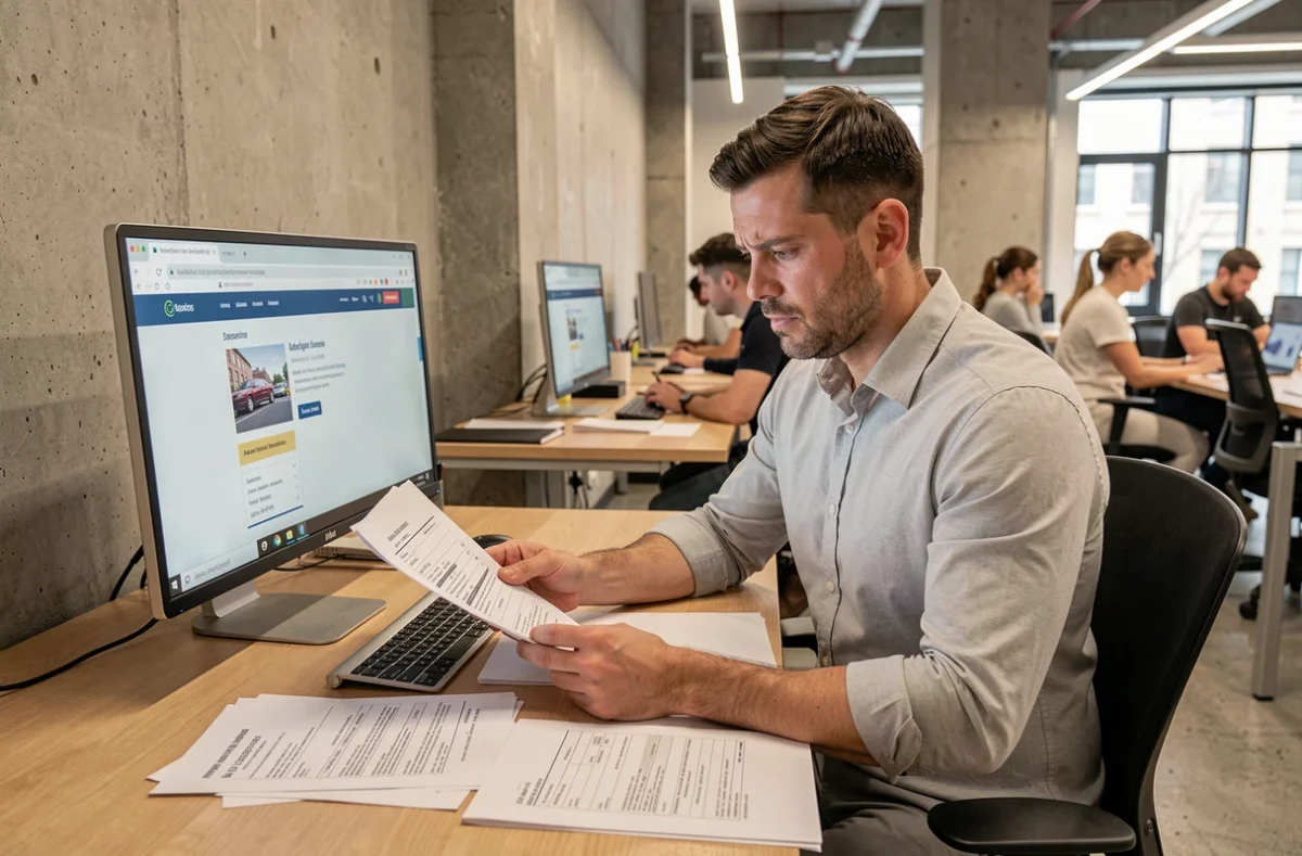 Homme consultant des documents administratifs pour lever une opposition au transfert de certificat d'immatriculation dans un espace de co-working