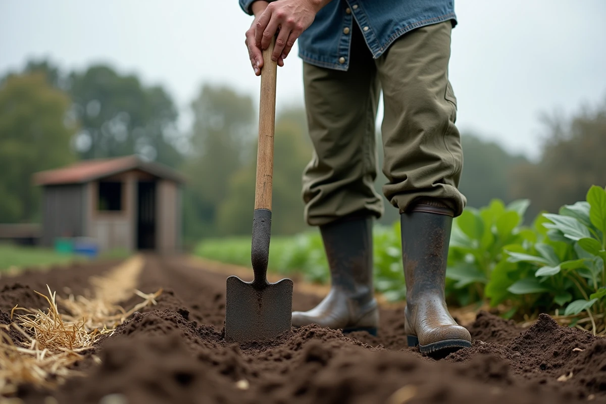 Homme enfonçant une grelinette dans la terre d'un grand potager biologique