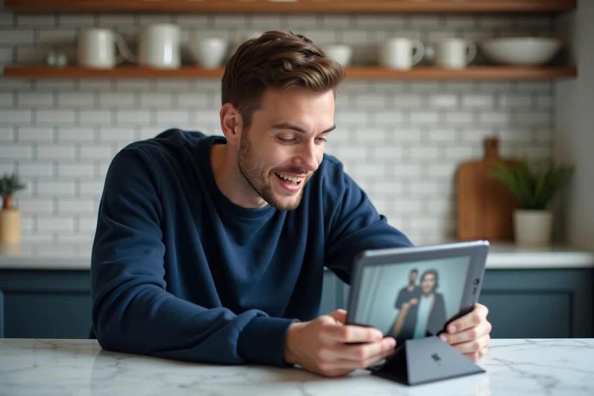 Homme utilisant une application mobile pour reconnaître un vêtement affiché sur une tablette dans une cuisine moderne