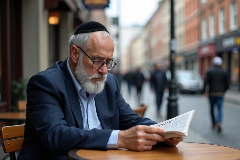 Homme juif d'âge moyen lisant un journal dans un café urbain