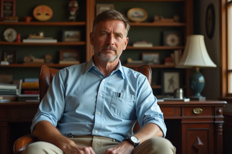 Homme d'âge moyen dans un bureau vintage avec souvenirs de course