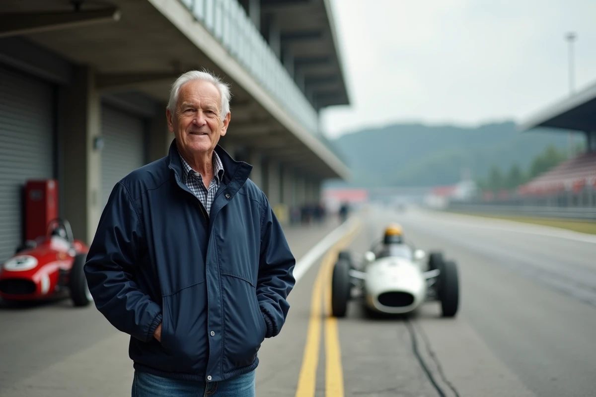 Homme en veste sur la piste de course historique en extérieur
